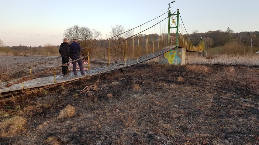 Trwa poszukiwanie sprawcy podpalenia traw w Przysiekach. W czasie pożaru zniszczeniu uległa kładka dla pieszych [ZDJĘCIA]