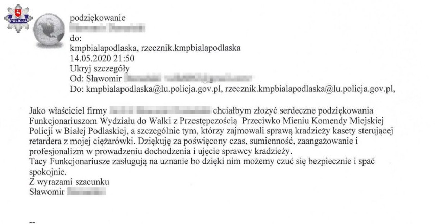 Okradziony przedsiębiorca wysłał do KMP w Białej Podlaskiej list z podziękowaniami za ujęcie złodzieja