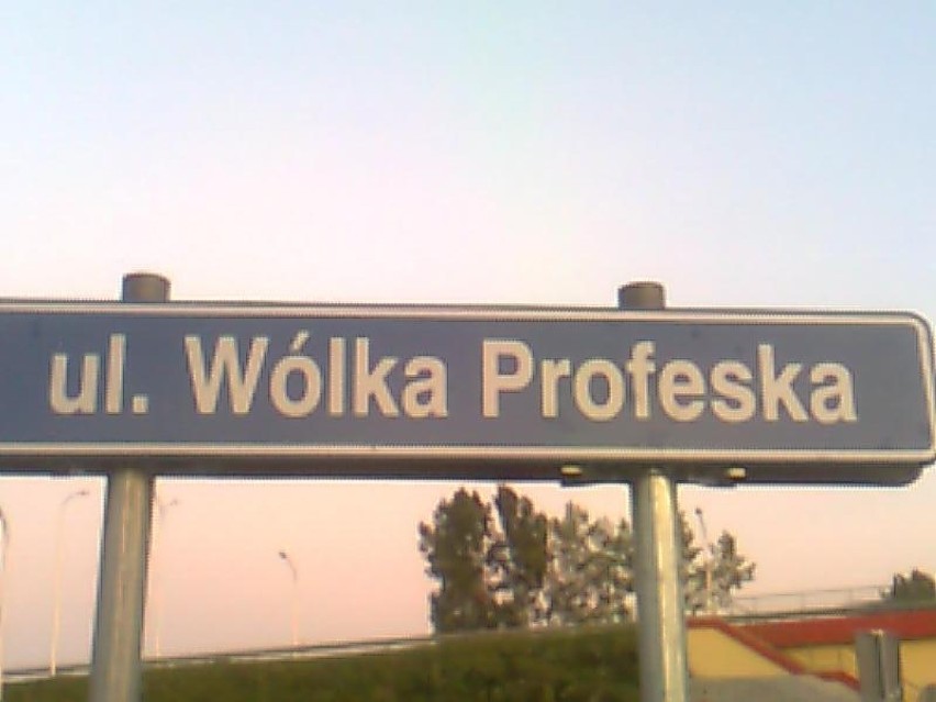 Znak z nazwą ulicy Wólka Profeska. Ktoś palnął byka.