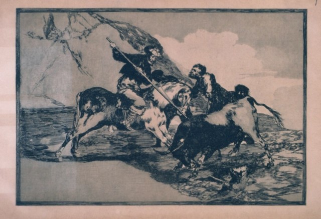 Francisco de Goya, Sposób, w jaki starożytni Hiszpanie polowali konno na byki w otwartym polu, 1814-1816, z cyklu: Tauromachia, akwaforta, akwatinta i sucha igła,29,9 x 40,7 cm, edycja: 1937, kolekcja Art Camù, Sardynia