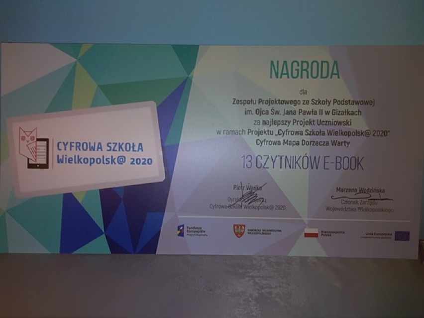 Sukcesem dla Szkoły Podstawowej w Gizałkach zakończył się udział w projekcie "Cyfrowa Szkoła Wielkopolsk@2020”