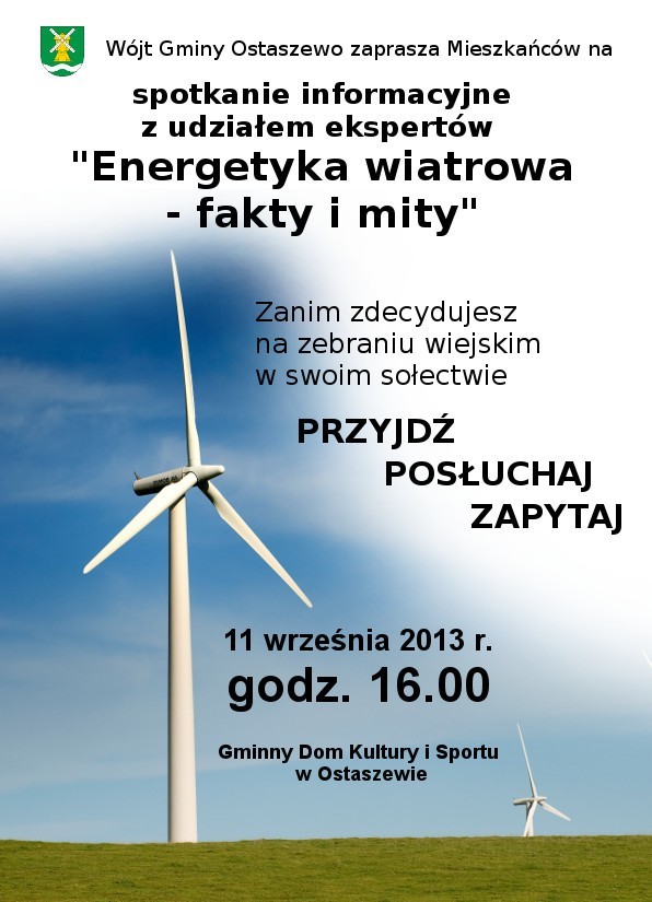 Elektrownie wiatrowe w Ostaszewie. Odbędzie się spotkanie z ekspertami.