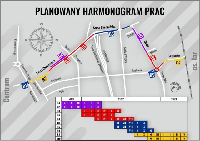 Cała inwestycja została podzielona na dwa odcinki, w obu prace będą prowadzone w różnych etapach. Oto harmonogram prac dla odcinka od centrum do przejazdu kolejowego przy Legionów.