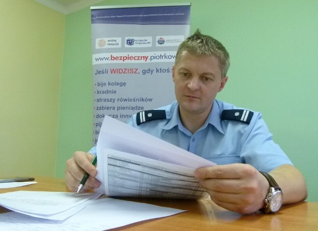 Tomasz Jędrzejczyk, naczelnik wydziału prewencji w KMP w Piotrkowie jest inicjatorem akcji "Widzę - Reaguję"