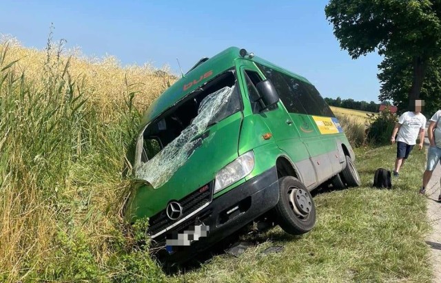 Bus kołami złapał pobocze i wjechał do przydrożnego rowu.