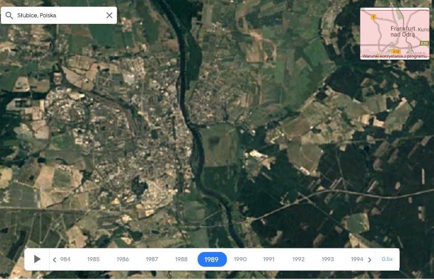 Słubice widziane z perspektywy kosmosu w latach 1984-2018