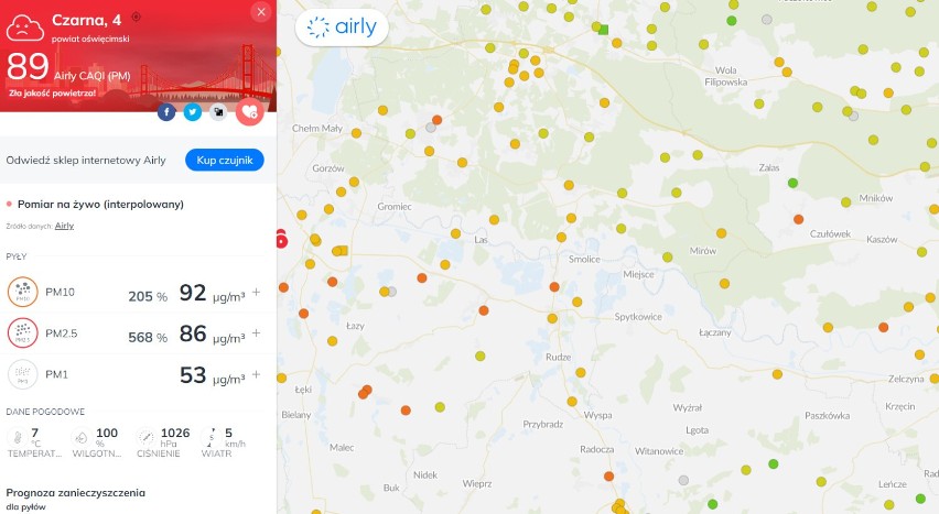 Jakość powietrza w Małopolsce zach. 27.10.2022