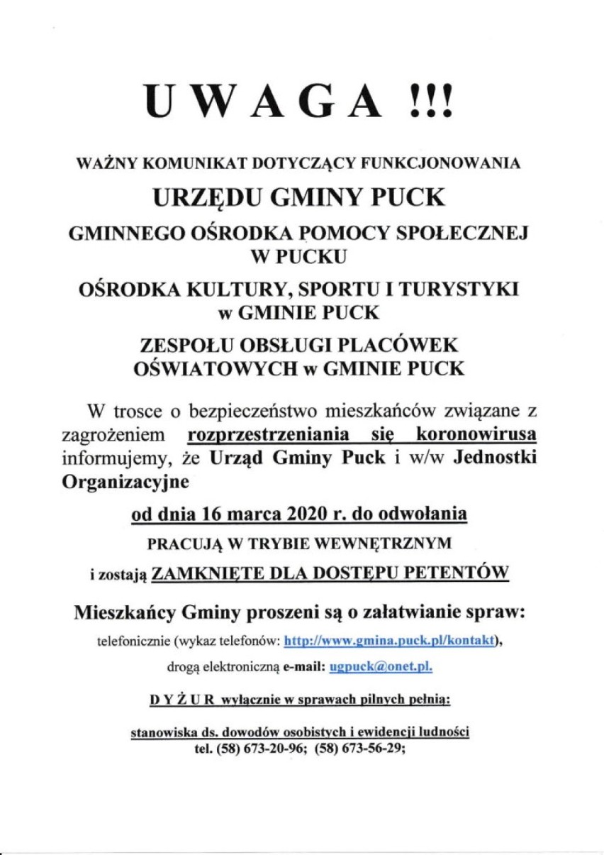 Urząd Gminy Puck - marzec 2020: pracować będzie choć jest nieczynny dla petentów