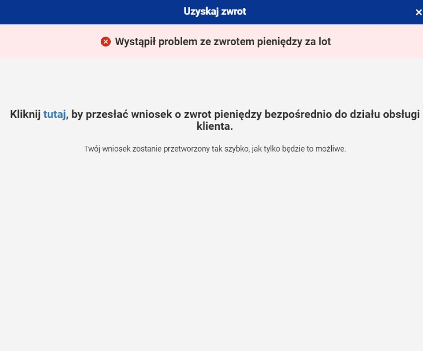 Komunikaty na stronie Ryanair przy próbie uzyskania zwrotu...