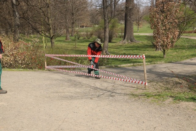 Zakaz wstępu do parku w Legnicy, wejścia zabezpieczono taśmami.