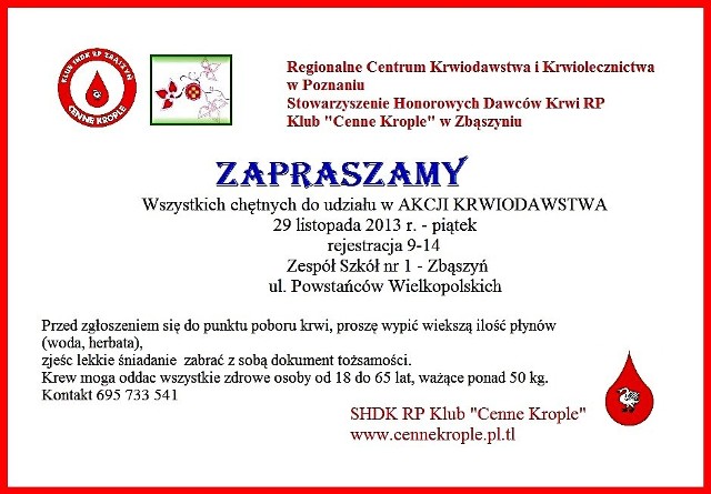 Oddaj krew w Zbąszyniu - Cenne Krople zapraszają