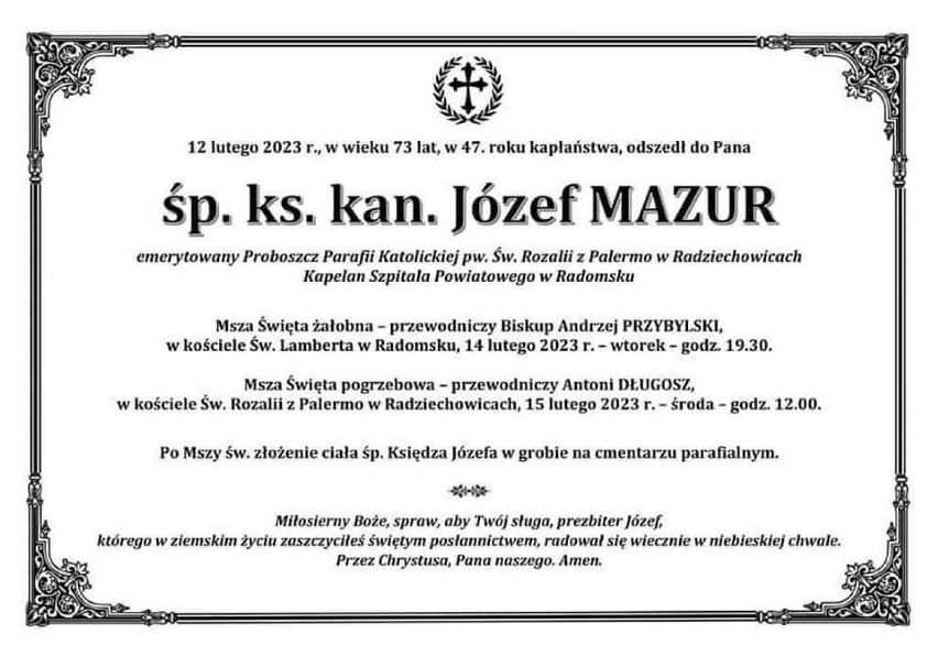 Zmarł ks. Józef Mazur, emerytowany proboszcz parafii w Radziechowicach i były kapelan Szpitala Powiatowego w Radomsku