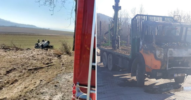 Pożar auta ciężarowego w Trzebieszowicach oraz dachowanie samochodu osobowego w Święcku