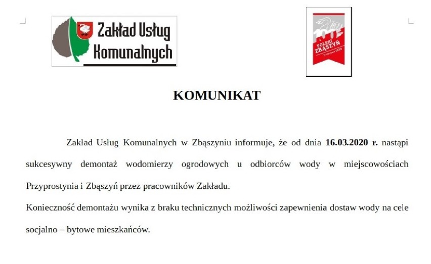 Gmina Zbąszyń: od 1 kwietnia 2020 roku nie będzie możliwy pobór wody bezpowrotnie zużytej, tj. korzystanie z wodomierzy ogrodowych