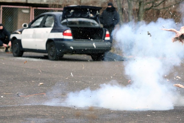 Policyjny pokaz odpalania fajerwerków.