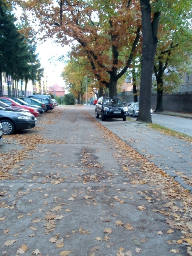Autodrań zajął całą szerokość chodnika przy ul. Piastów.