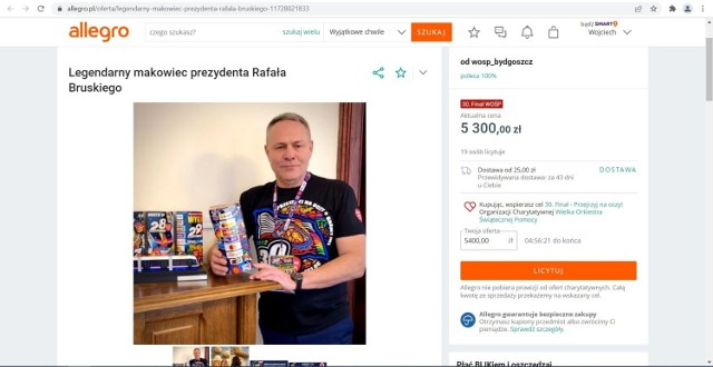 Strona z licytacją "legendarnego" makowca prezydenta Bruskiego i poniedziałkową kwotą ponad 5 tys. zł.
