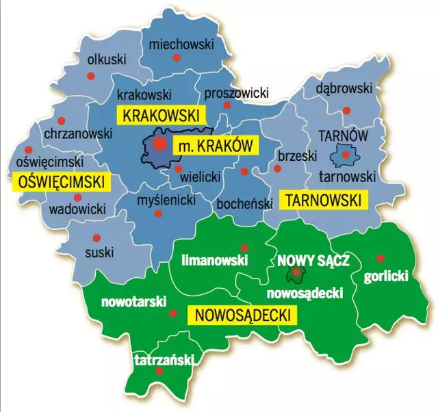 Oto mapa subregionów w województwie małopolskim, opracowana na podstawie danych Głównego Urzędu Statystycznego. W subregionie Małopolski zachodniej najmocniejszym ośrodkiem jest Oświęcim
