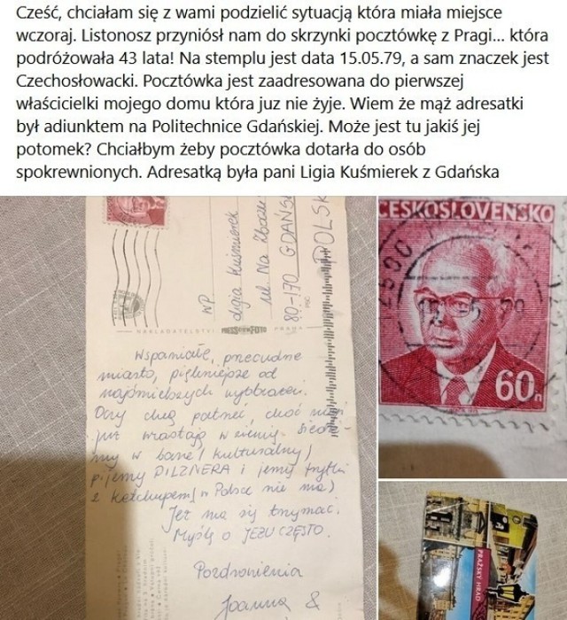 Odnaleziono córkę adresatki pocztówki, która z Pragi do Gdańska "szła" 43 lata