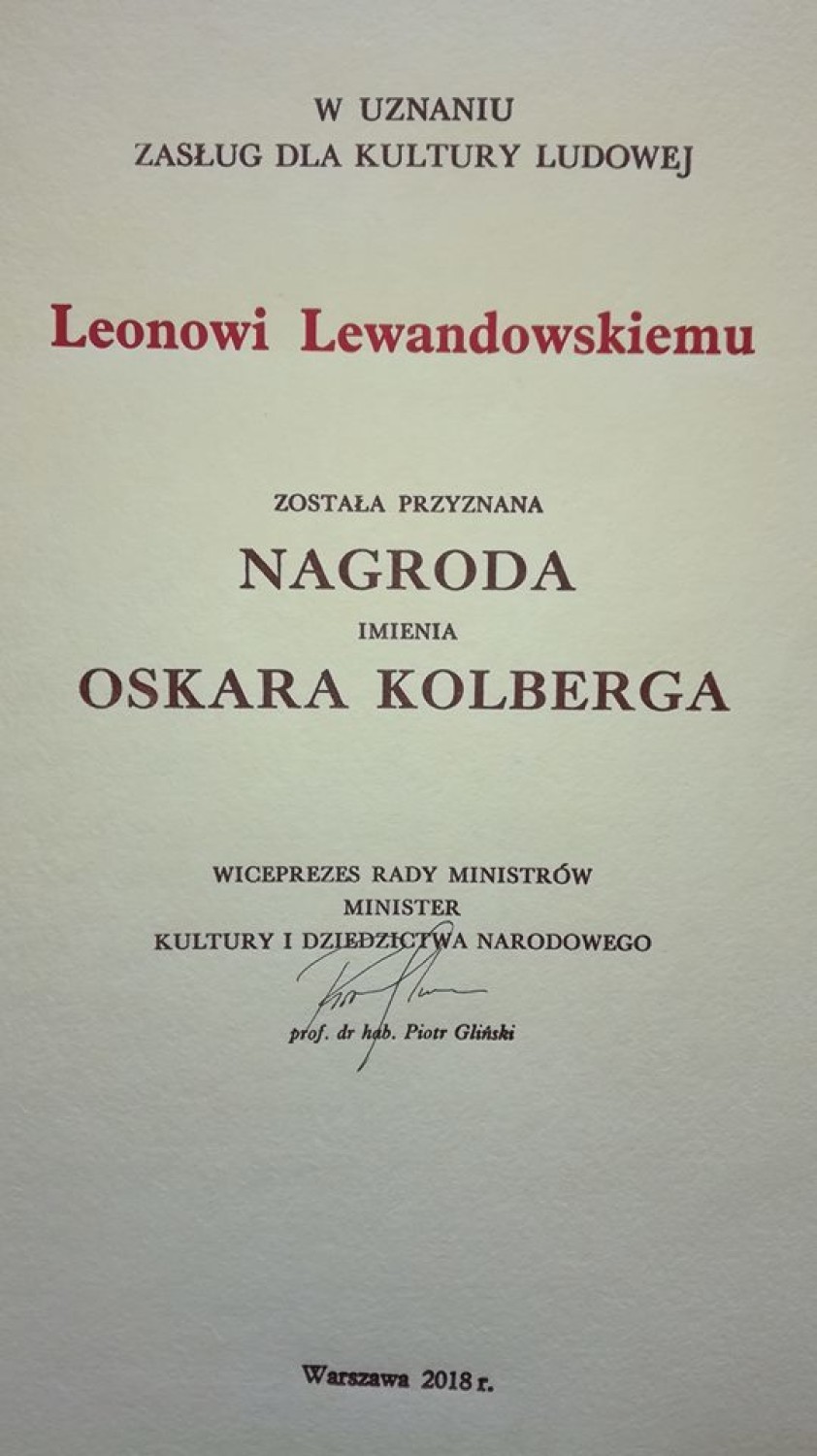 Nagroda im. Oskara Kolberga dla Leona Lewandowskiego z Kapeli Ludowej Brzeziny [FOTO]