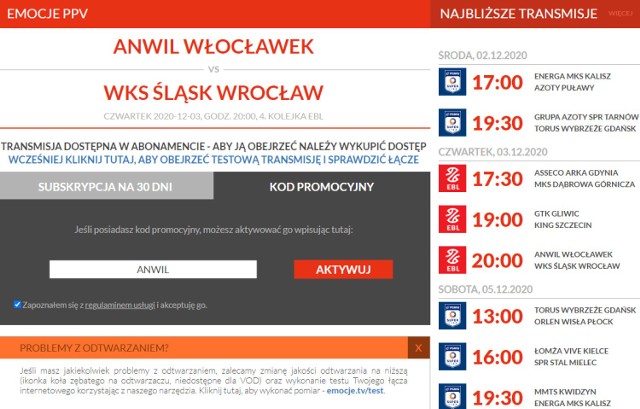 Bezpłatne transmisje meczów Anwilu z Hali Mistrzów