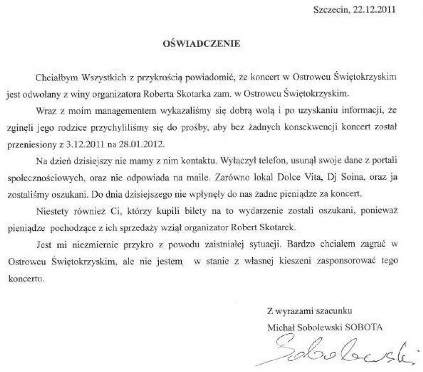 Oświadczenie Michała Sobolewskiego Soboty.