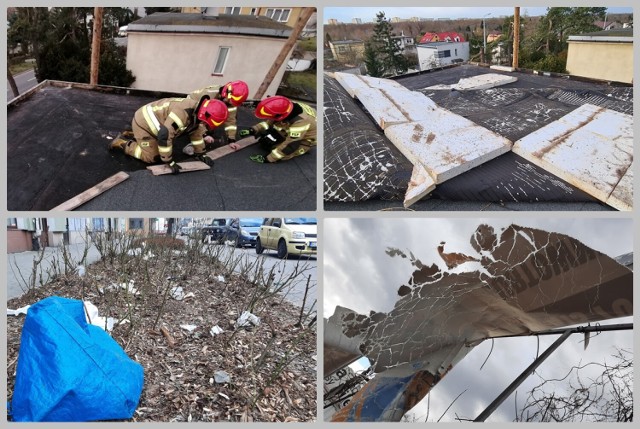 Wichura we Włocławku, 19 lutego 2022 roku - zerwany dach domu przy ulicy Grodzkiej, zerwane baner i śmieci rozrzucone przy al. Chopina.