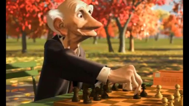 Kadr z filmu Jana Pinkavy - "Gra w szachy" ("Geri's game"), zdobywcy Oscara w 1998 roku