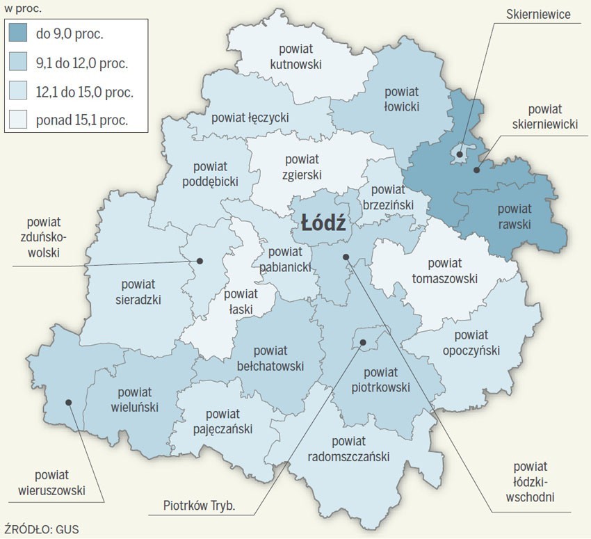 Stopa bezrobocia w powiatach województwa łódzkiego (w dniu...