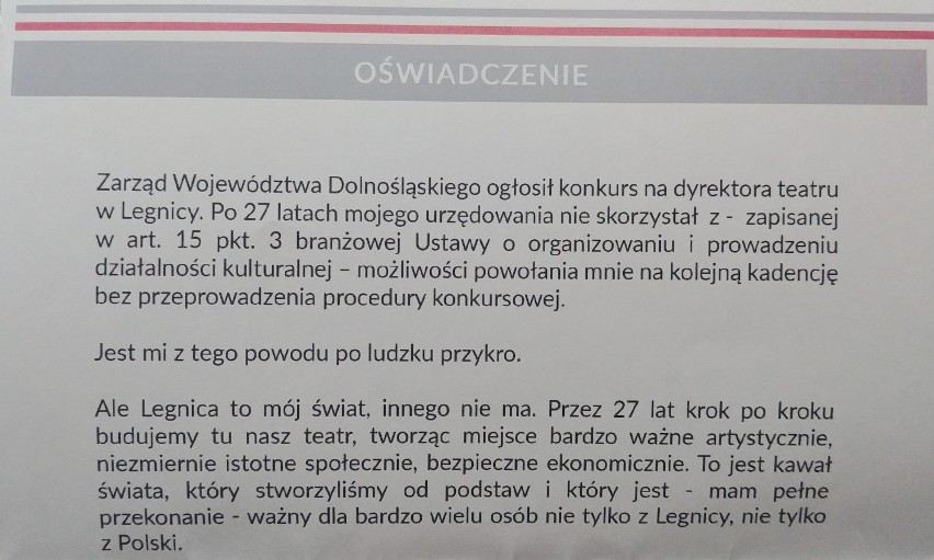 Legnica. Zarząd województwa ogłosił konkurs na dyrektora Teatru Modrzejewskiej w Legnicy. Jacek Głomb oświadczył, że wystartuje w konkursie