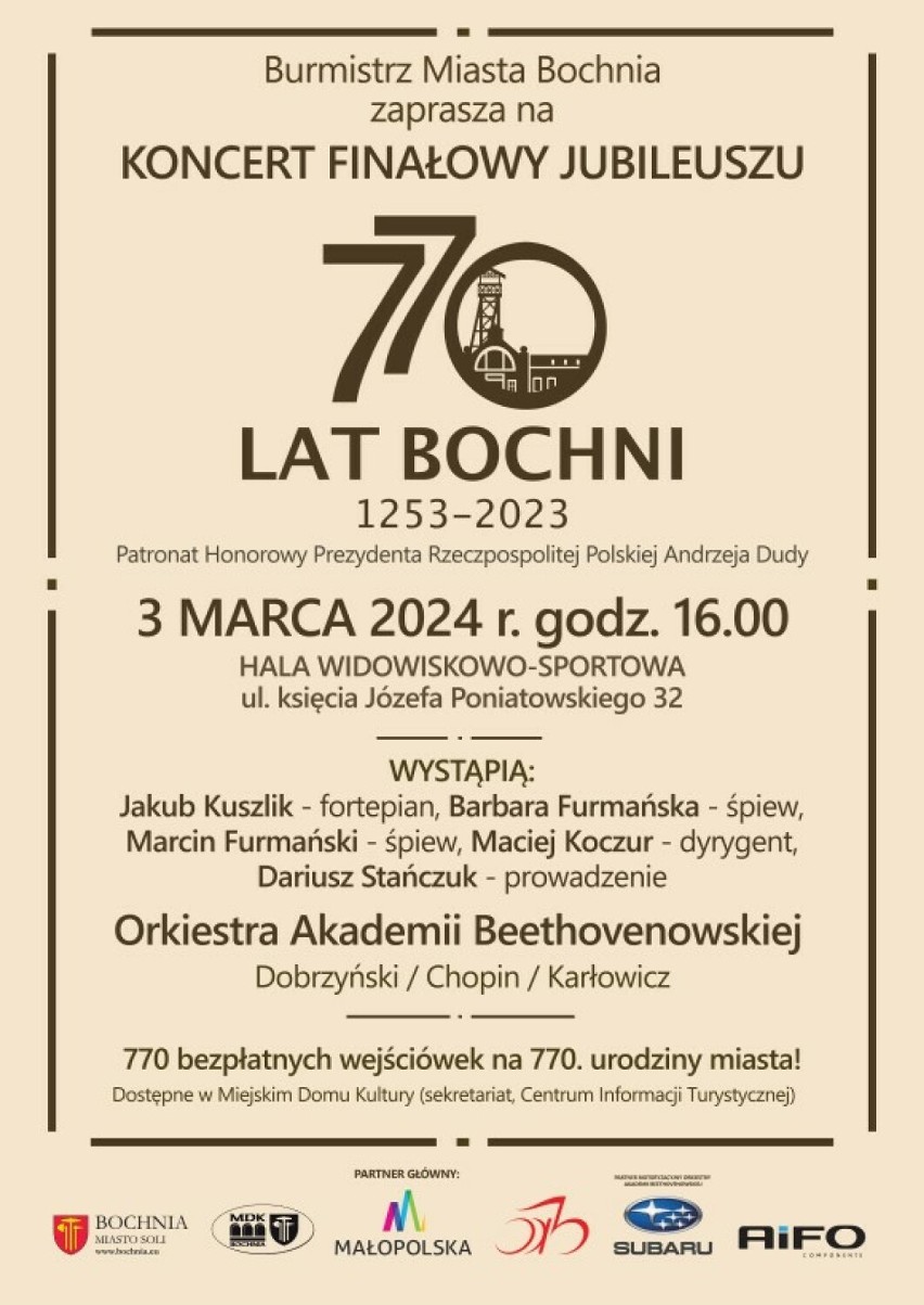 W Bochni odbędzie się koncert na 770-lecie lokacji miasta, do rozdania jest darmowych 770 wejściówek