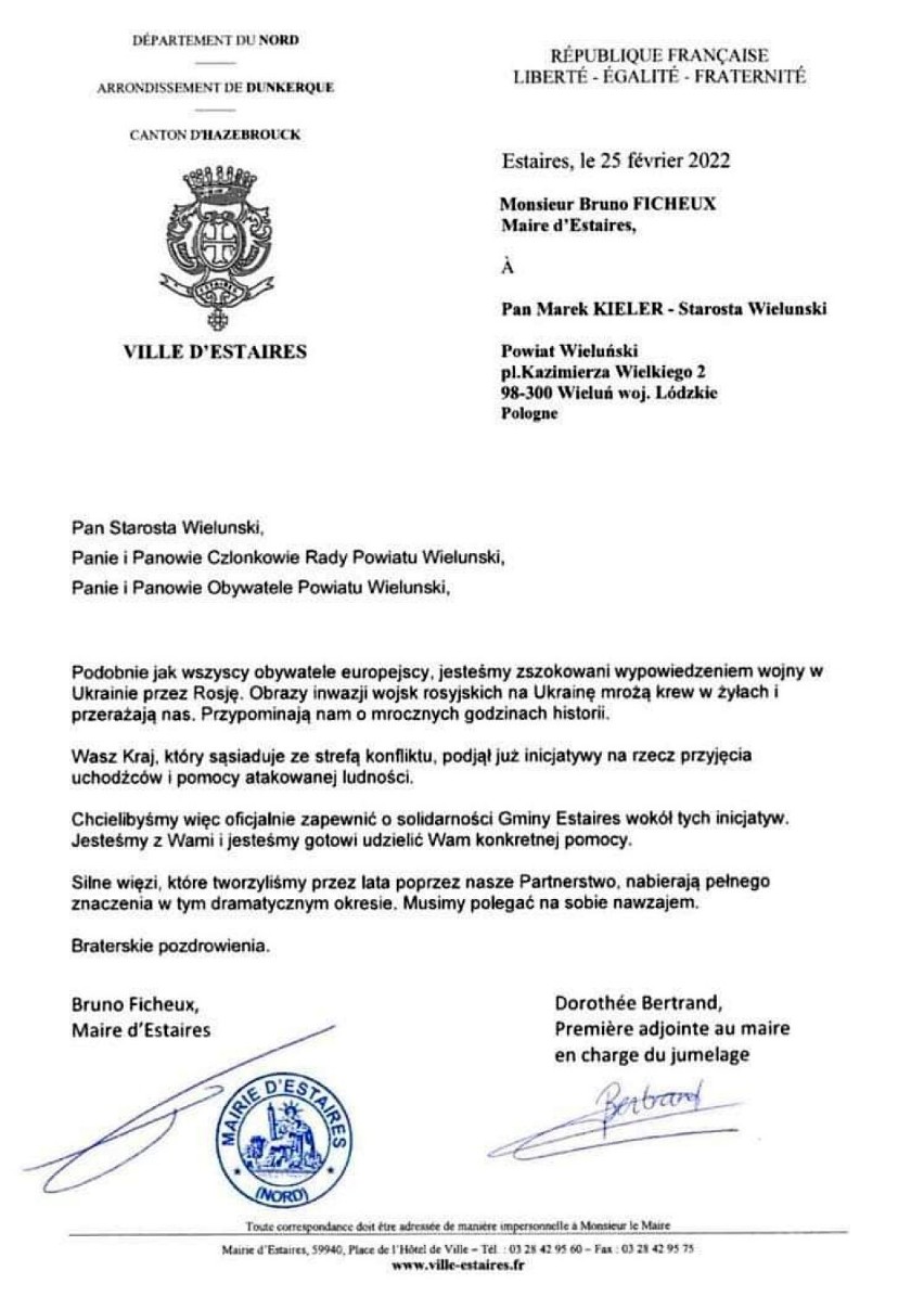 Pismo burmistrza Estaires - miasta partnerskiego powiatu...