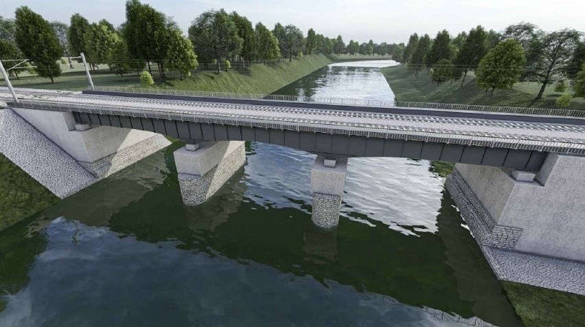 Wizualizacja mostu na Słupi z dwoma torami.