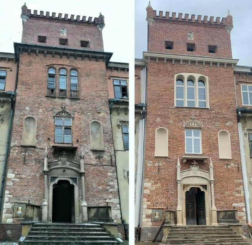 Wieża zamku przed renowacją w 2017 roku i po zakończeniu...