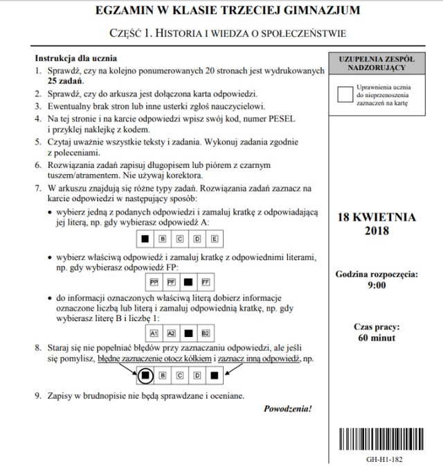 Arkusze egzaminacyjne CKE z historii i WOS-u - egzamin gimnazjalny 2018