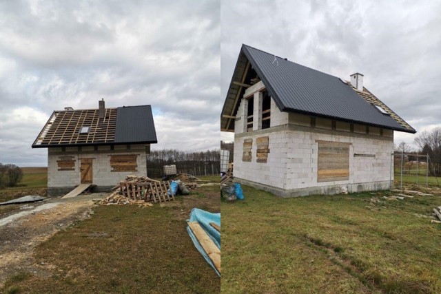 Na budynku właśnie kończony jest dach. Niedługo pojawią się okna i drzwi.