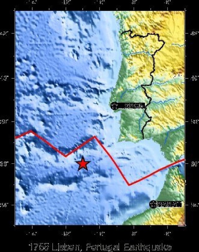 Lokalizacja epicentrum trzęsienia ziemi z dnia 1 listopada 1755