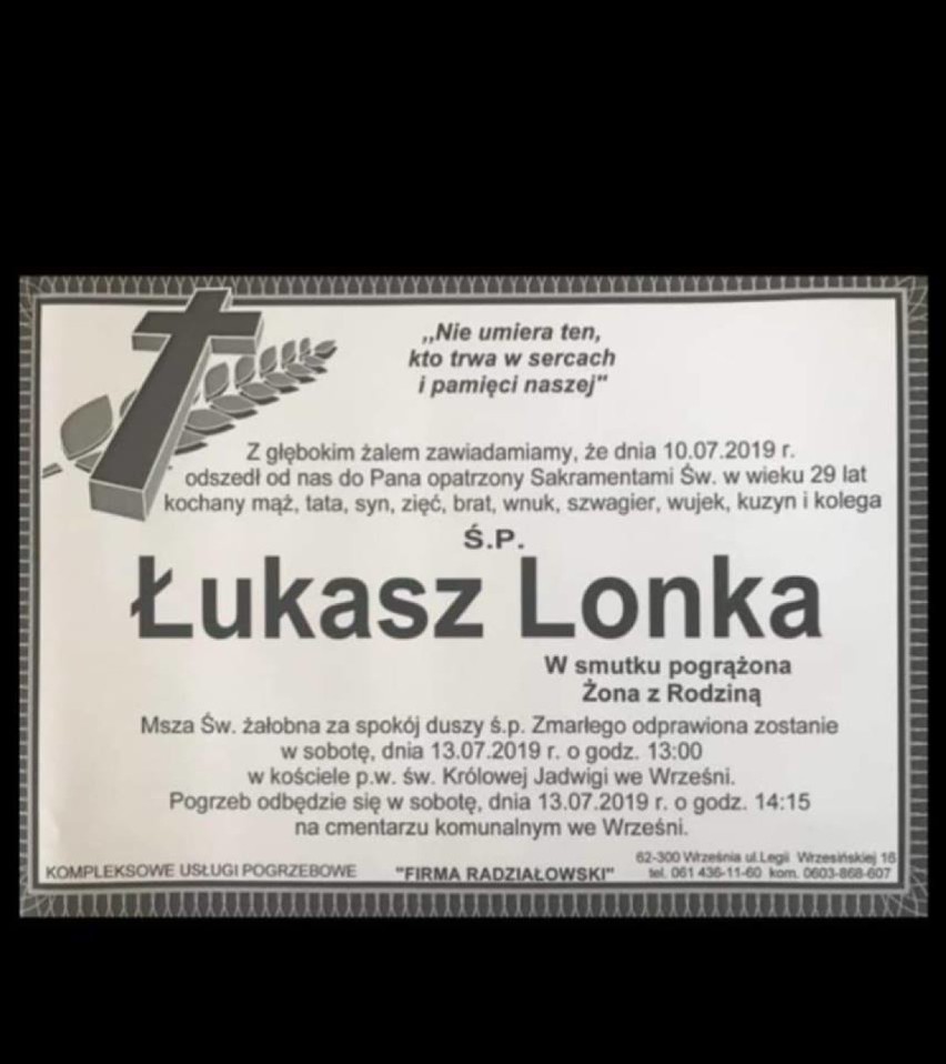 Zmarł Łukasz Lonka, Września, 10.07.2019 rok