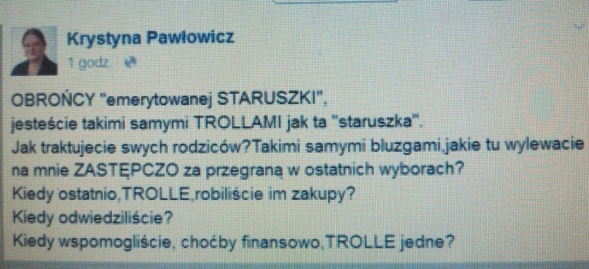 Posłanka Pawłowicz nazwała emerytkę trollem i leniwą zazdrośnicą