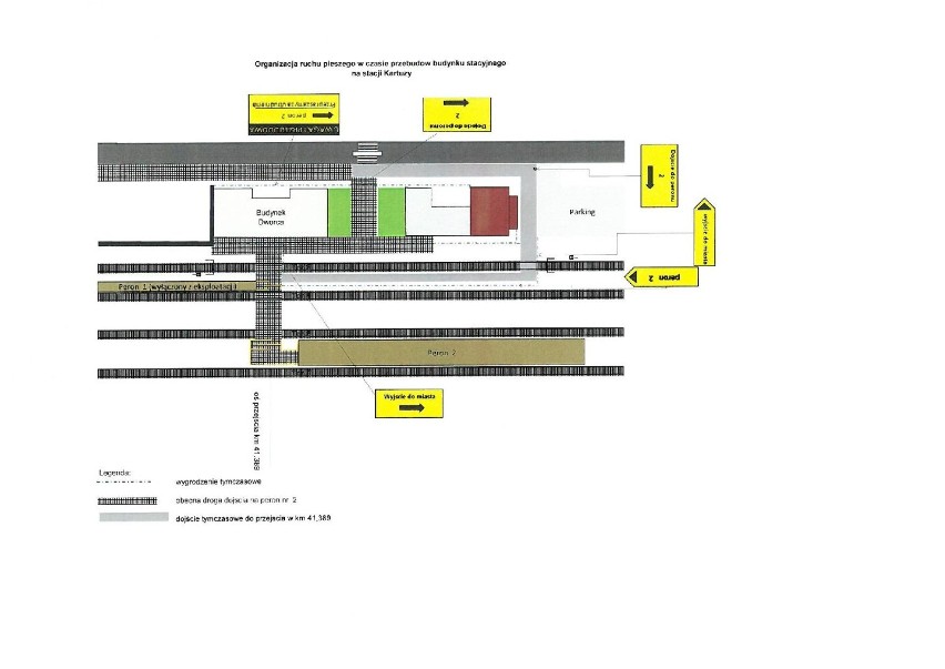 Schemat tymczasowego przejścia do peronu na dworcu w Kartuzach