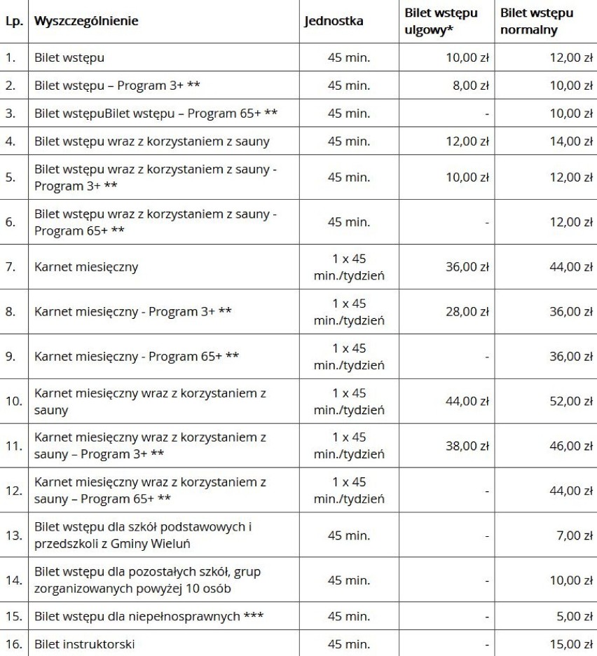 Cennik dla pływalni krytej przy ul. POW