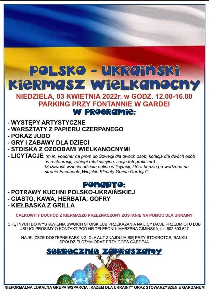 Gardeja. Polsko-Ukraiński Kiermasz Wielkanocny na parkingu przy fontannie. Całkowity dochód przeznaczony zostanie na pomoc dla Ukrainy