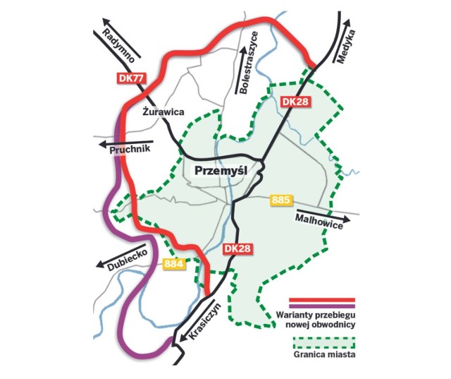 Warianty przebiegu zachodniej obwodnicy Przemyśla. Nz. kolor czerwony - wariant 4, fioletowy - wariant 5A.