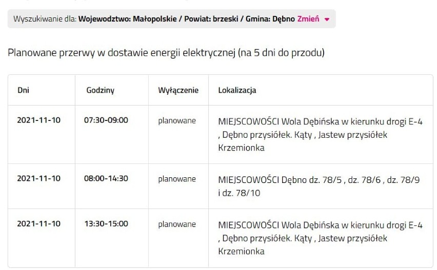 Wyłączenia prądu w powiecie bocheńskim i brzeskim, 8.11.2021