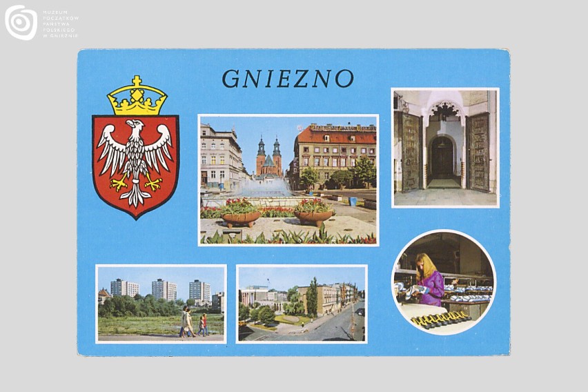 Pocztówka z pięcioma fotografiami, przedstawiającymi Gniezno...