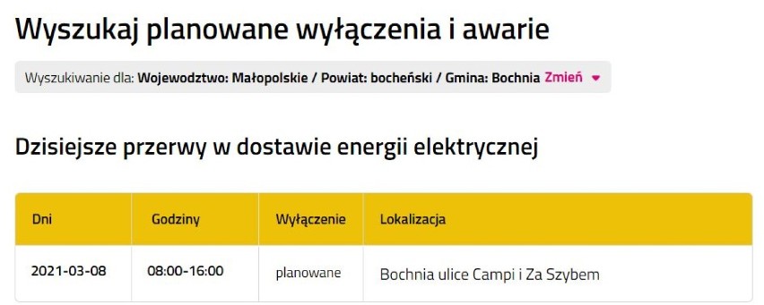 Wyłączenia prądu w powiecie bocheńskim [8.03.2021]