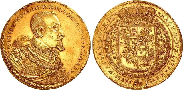 Moneta o nominale 100 Dukatów z 1621 roku wybita w Bydgoszczy w mennicy królewskiej okazała się najdroższą polską monetą w historii. Sprzedano ją w Nowym Jorku za 2 mln 160 tys. dolarów
