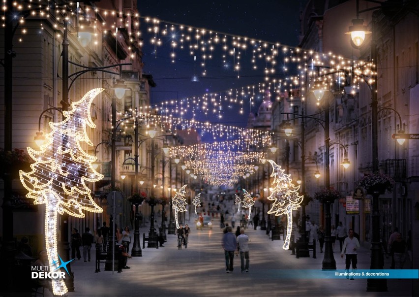 Świąteczne iluminacje na Piotrkowskiej w Łodzi. Choinka, dekoracje i światła na woonerfie
