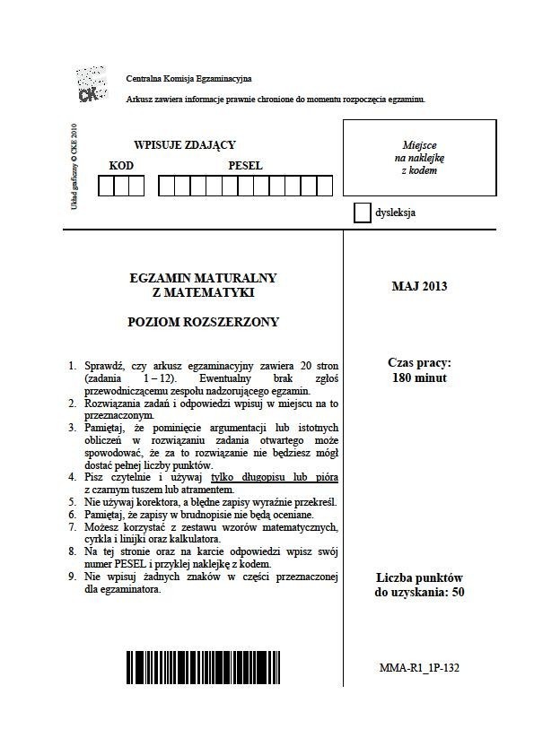 MATURA 2013. Matematyka - poziom rozszerzony [ARKUSZE, ODPOWIEDZI]