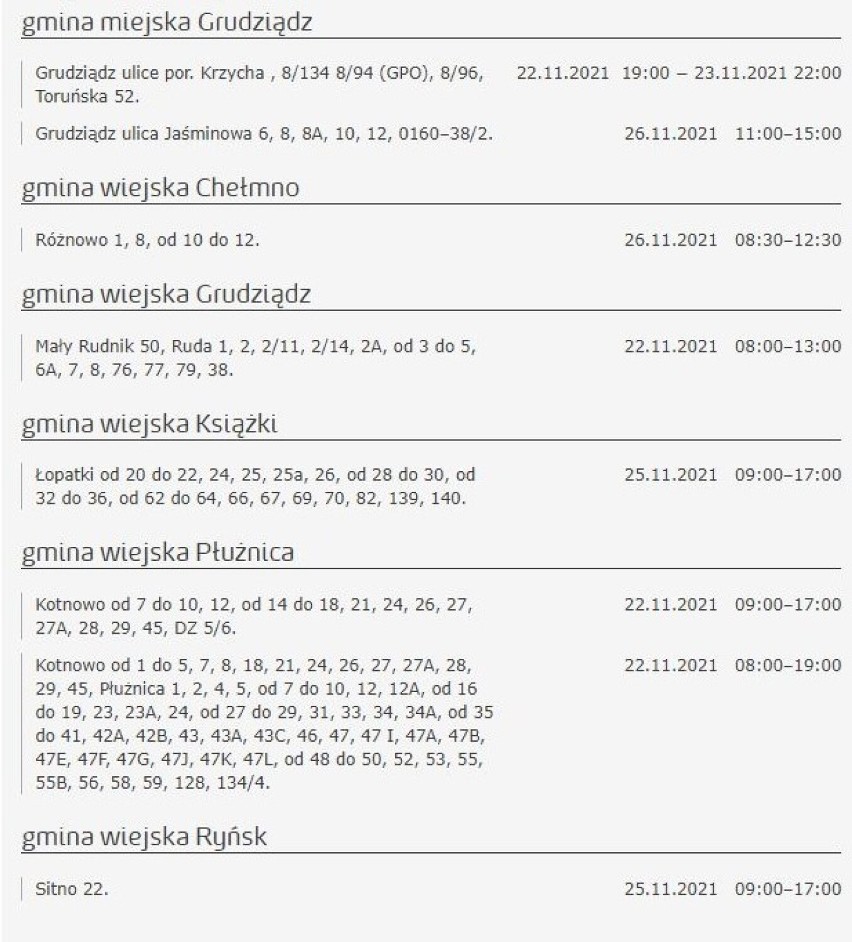 Wyłączenia prądu w Kujawsko-Pomorskiem. Wiemy gdzie i kiedy [miasta, gminy - 22 listopada 2021]